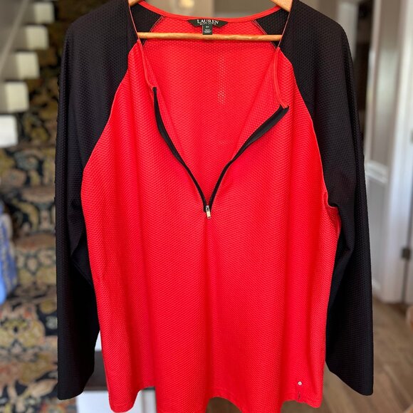 Lauren Ralph Lauren Red and Black Zip Front Long Sleeve Raglan Top Plus Size 3X - Picture 7 of 11
